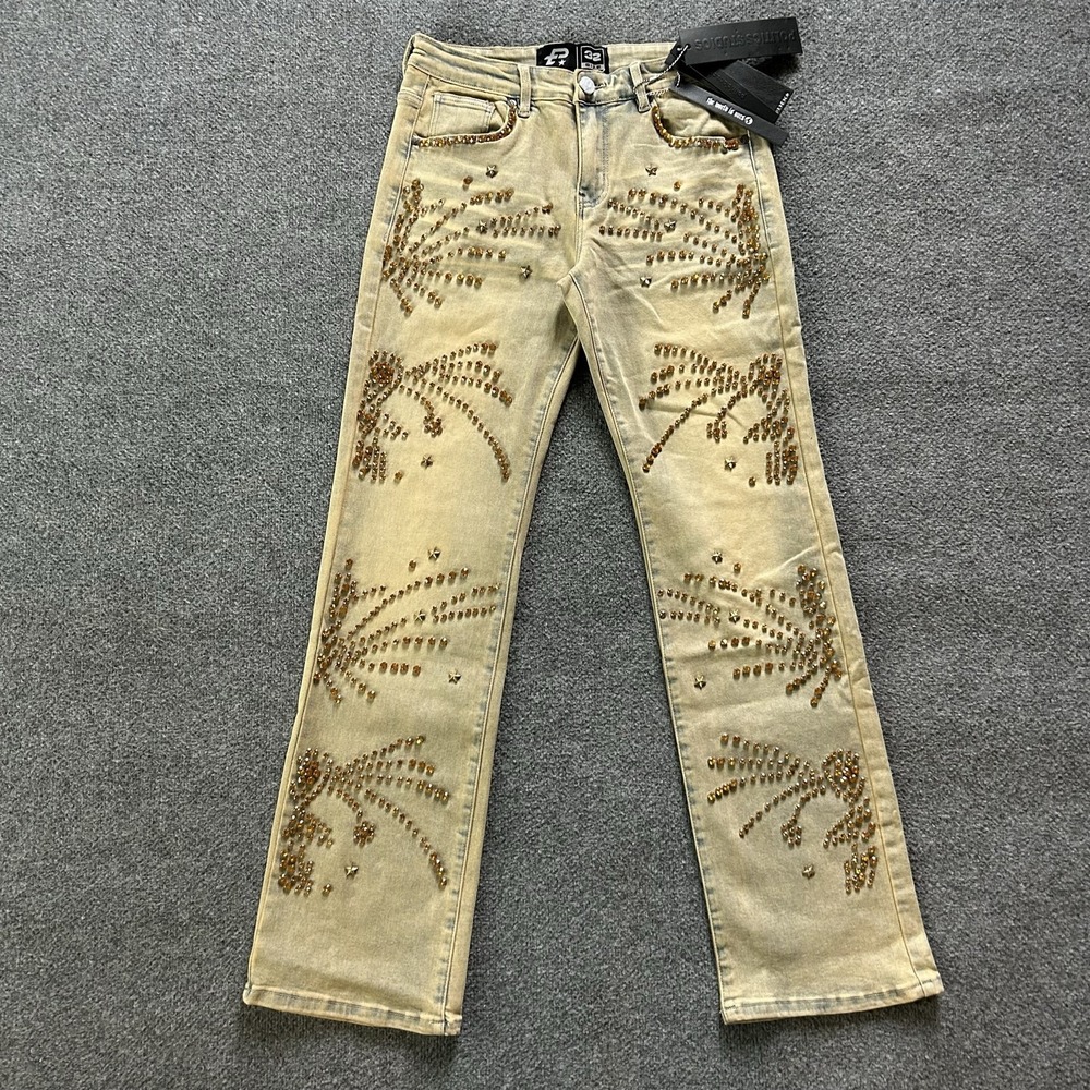 Politics Jeans Men's 32 Sand Wash Rhinestone Crystal Studded Jeans NWT P13
